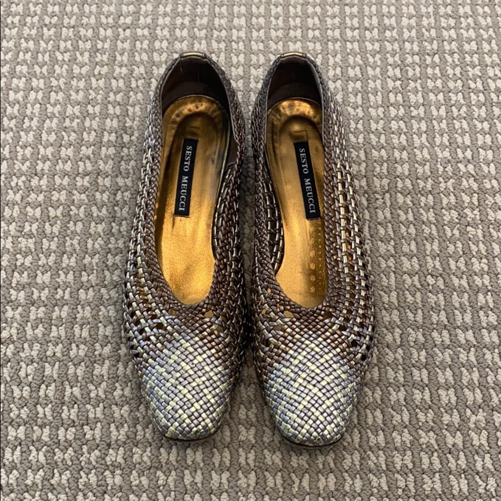 Sesto Meucci Woven Gold, Bronze, and Pewter Shoe